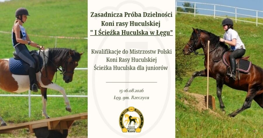 Plakat wydarzenia przedstawiający jeźdźców na koniach huculskich pokonujących kładkę i przeszkodę skokową na ścieżce huculskiej